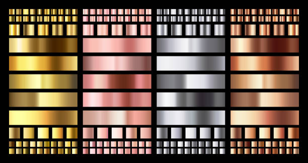 illustrazioni stock, clip art, cartoni animati e icone di tendenza di elegante sfumatura metallica. pendenze oro rosa lucido, argento e bronzo. collezione vettoriale in rame dorato, rosa e metallo cromato - rame metallo