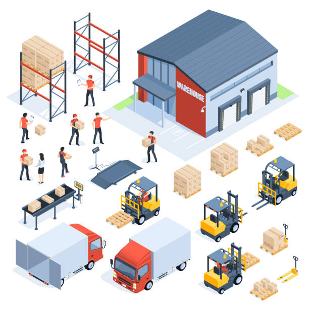 ilustraciones, imágenes clip art, dibujos animados e iconos de stock de logística de almacén isométrica. industria del transporte de carga, logística de distribución por mayor y las plataformas distribuidas vector isométrica 3d set - distribution warehouse illustrations