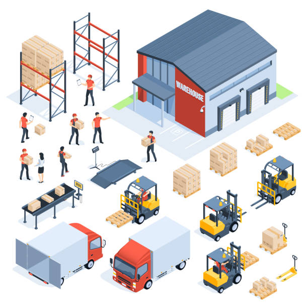 Isometric warehouse logistic. Cargo transport industry, wholesale distribution logistics and distributed pallets 3d isometric vector set Isometric warehouse logistic. Cargo transport industry, wholesale distribution logistics and distributed pallets. People with package, world truck packaging delivery company 3d isometric vector set warehouse symbols stock illustrations