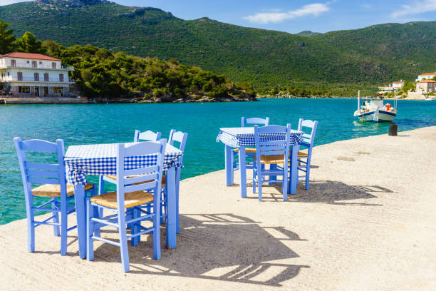 istock Open cafe outdoor restaurant in Greece on sea shore 1085943820