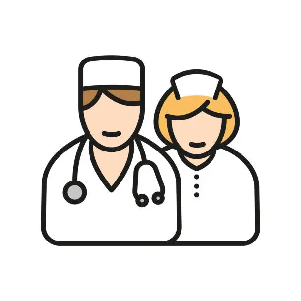Vector illustration of Doctor and Nurse Minimalistic Color flat line icon