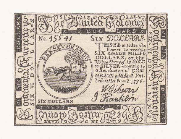 banknot sześciodolarowy, zjednoczone kolonie, filadelfia, 1776, faksymile (1886) - kolonializm stock illustrations