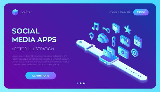istock Social media apps on a Smart Watch. Social media 3d isometric icons. Mobile apps. Created For Mobile, Web, Decor, Application. Perfect for web design, banner and presentation. Vector Illustration. 1085947992