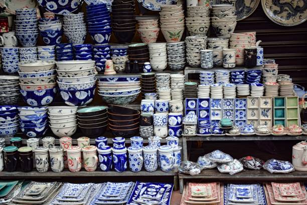 Ceramics of Vietnam Bat Trang Village is located on the bank of the Red River in Gia Lam District, about 23 km from the center of Hanoi City. bat trang stock pictures, royalty-free photos & images