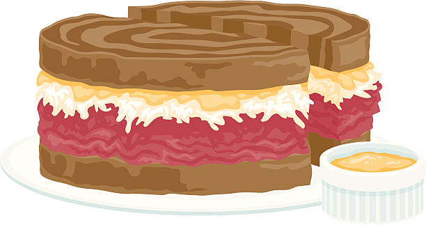 Reuben Sandwich A rye bread sandwich with sauerkraut, cheese and corned beef. Served with a side of mustard. No gradients were used when creating this illustration. reuben sandwich stock illustrations