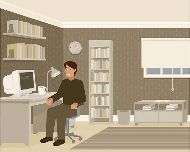 Vector illustration of Young Man Sitting at Computer Desk in Home Office