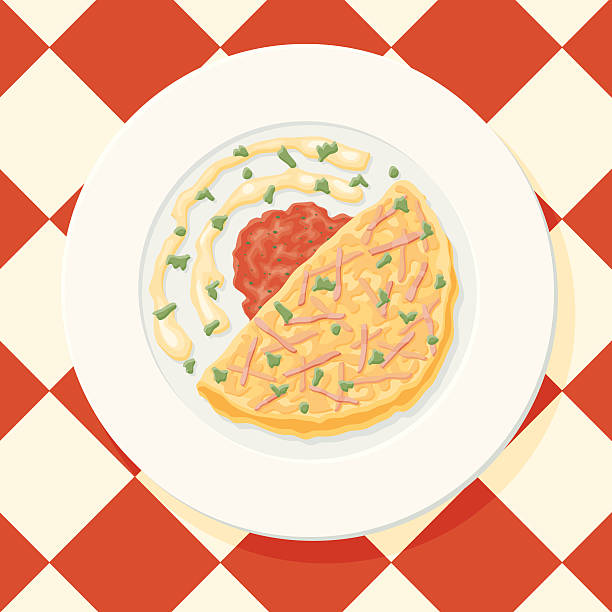 Ham and Cheese Omelette with Salsa A ham and cheese omelette folded in half, served with melted cheese and salsa. No gradients were used when creating this illustration. omelette on the plate stock illustrations