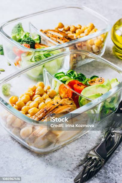 Healthy Meal Prep Containers Chicken And Fresh Vegetables Stock Photo - Download Image Now