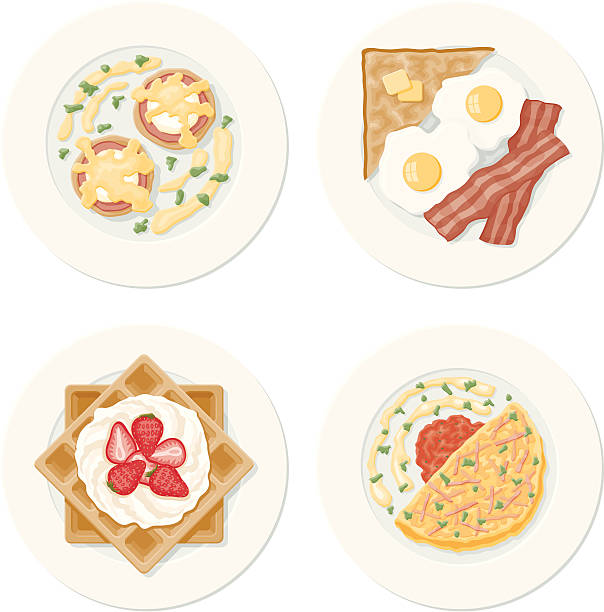 Four Breakfast Plates An overhead view of 4 common breakfast plates: Eggs benedict, bacon and eggs, Belgian waffles, and an omelette. No gradients were used when creating this illustration. omelette on the plate stock illustrations