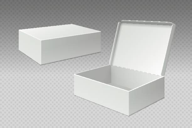 Realistic packaging boxes. Open mock up blank package, white square paper cardboard. Empty carton pack vector template Realistic packaging boxes. Open mock up blank package, white square paper cardboard. Empty carton pack vector 3d template model kit stock illustrations