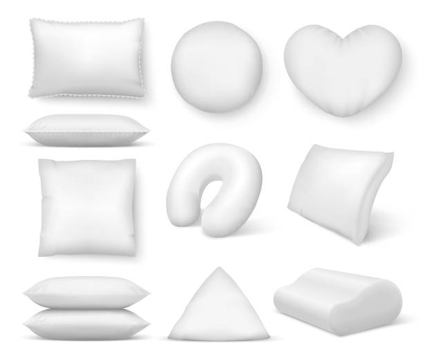 Realistic white cushion. Square comfort bed pillow, soft blank round cushions for sleep and rest. Vector 3D pillows isolated Realistic white cushion. Square comfort bed pillow, soft blank round cushions for sleep and rest. Vector 3D pillows isolated on white couch side view stock illustrations