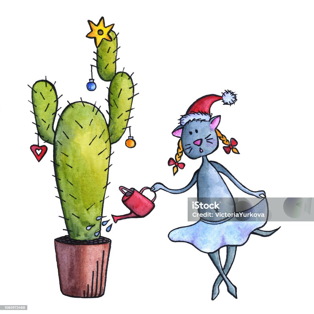 Ilustración de Gato Gracioso Dibujado Mano Riego Cactus De Árbol De Navidad  y más Vectores Libres de Derechos de Adorno de navidad - iStock