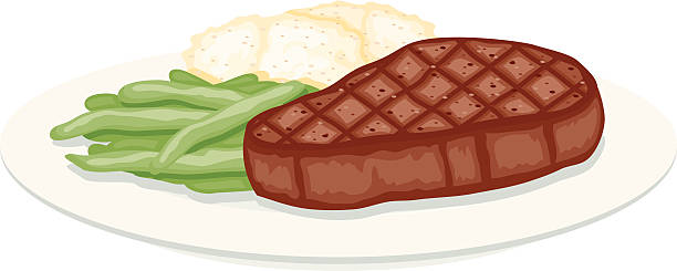 ilustraciones, imágenes clip art, dibujos animados e iconos de stock de bistec a la parrilla, frijoles verdes y puré de papas - green bean isolated food white background