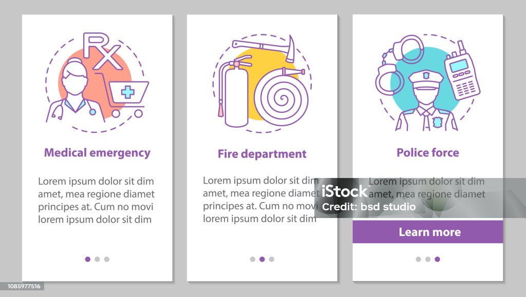 Public services icons Public services mobile app page screen with thin line vector concepts. Steps graphic instructions. Police force, firefighter department, medical emergency Healthcare And Medicine stock vector