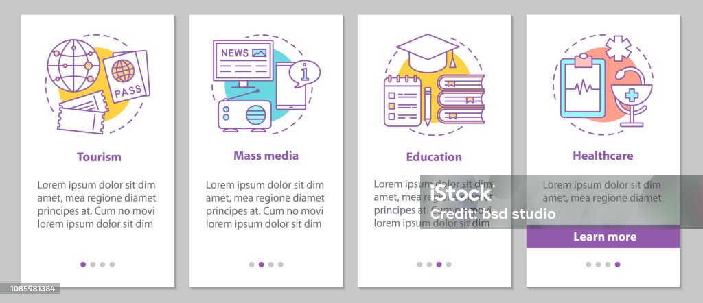 Public sector icons Public sector mobile app page screen with thin line vector concepts. Steps graphic instructions. Mass media, education, tourism, healthcare Healthcare And Medicine stock vector