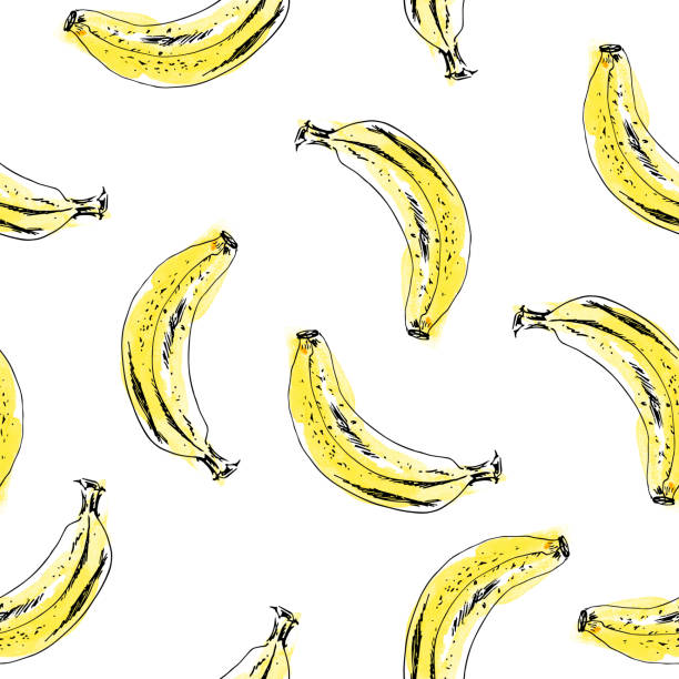 Hand drawn seamless pattern. Ink sketch and watercolor stain bananas. Hand drawn seamless pattern. Ink sketch and watercolor stain bananas. Summer fruit background. banana patterns stock illustrations