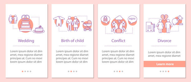 Broken family icons Broken family mobile app page screen with thin line vector concepts. Steps graphic instructions. Wedding, birth of child, conflict, divorce divorce papers stock illustrations