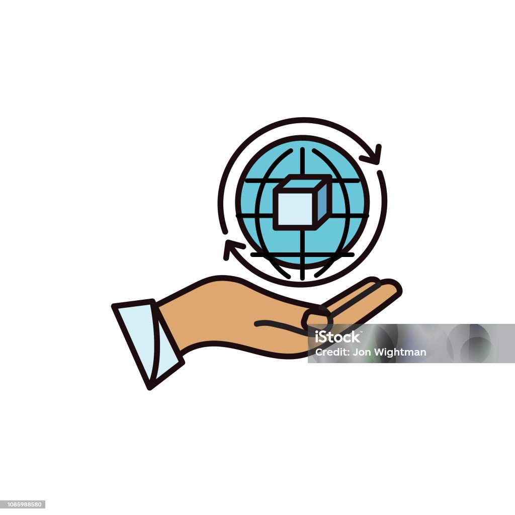 Hand Holding World Data And Smart Technology Thin Line Icon Artificial stock vector