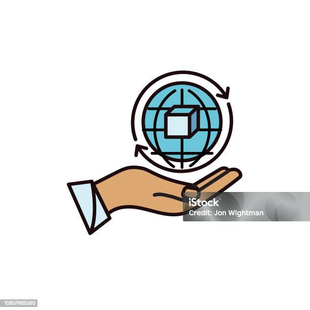Hand Holding World Data And Smart Technology Thin Line Icon Stock Illustration - Download Image Now