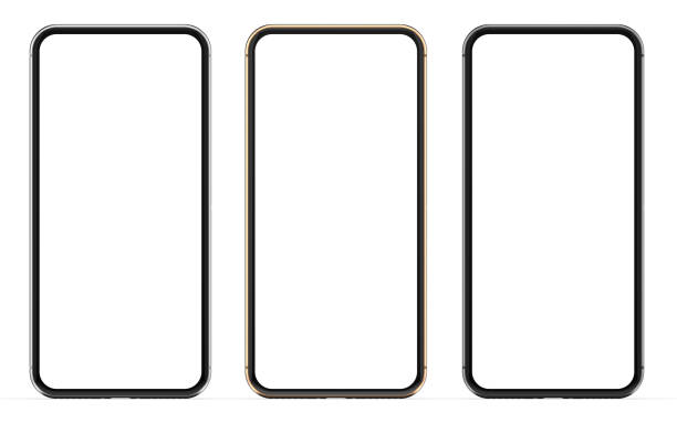 Gold, silver and black smartphones with blank screen, isolated on white background.