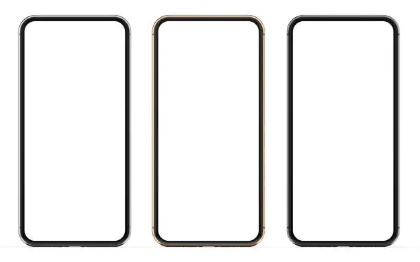 Gold, silver and black smartphones with blank screen, isolated on white background.