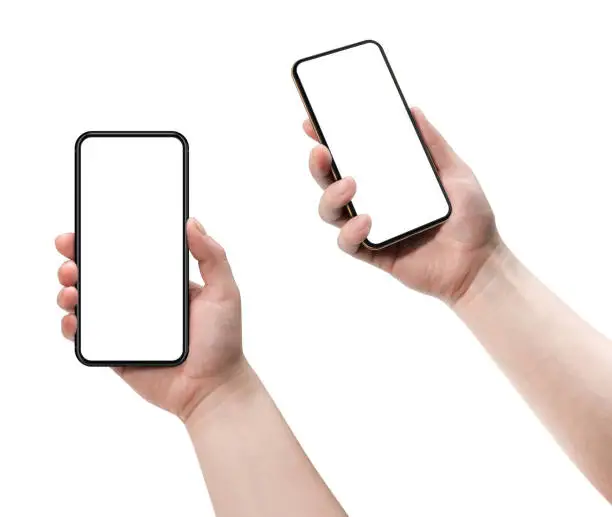 Woman holding smartphone with blank screen.