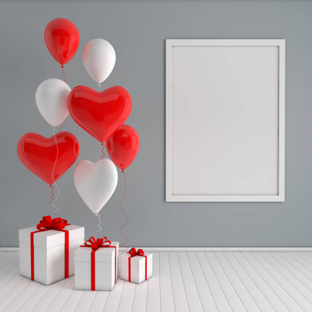 istock 3d render interior with realistic balloons, mock up poster frame, gift box in the room. Heart shape balloons. Empty space for party, promotion social media banners, posters. Valentine's Day elegant card 1085991468