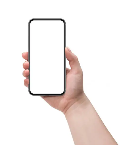 Woman holding smartphone with blank screen.