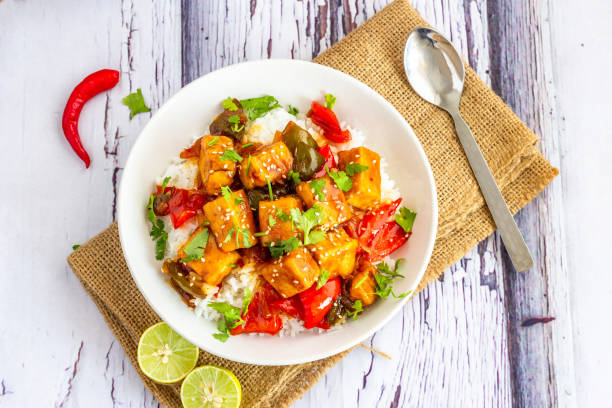 Sweet and Sour Tofu Vegan food - Sweet and sour tofu over the top view tofu photos stock pictures, royalty-free photos & images