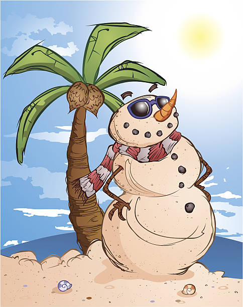 tropischen sandstrand schnee mann - relaxation vacations heat sunglasses stock-grafiken, -clipart, -cartoons und -symbole
