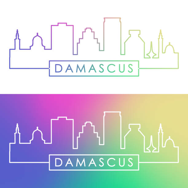 panoramę damaszku. kolorowy styl liniowy. edytowalny plik wektorowy. - syria map cartography damascus stock illustrations
