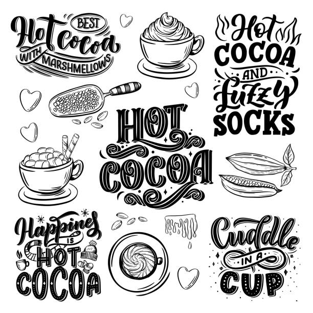 Hot cocoa hand lettering set with cup of cocoa, marshmallows. Hand drawn Christmas signs for cafe, bar and restaurant Hot cocoa hand lettering set with cup of cocoa, marshmallows. Hand drawn Christmas signs for cafe, bar and restaurant. Vector illustration marshmallow chocolate stock illustrations