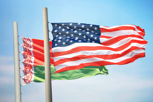 istock Flags of the USA and Belarus 1086006880