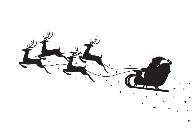 illustrazioni stock, clip art, cartoni animati e icone di tendenza di babbo natale in volo su una slitta con renne isolate su sfondo bianco - babbo natale