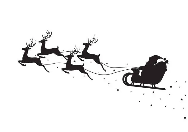 Vector illustration of Santa Claus flying on a sleigh with reindeers isolated on white background