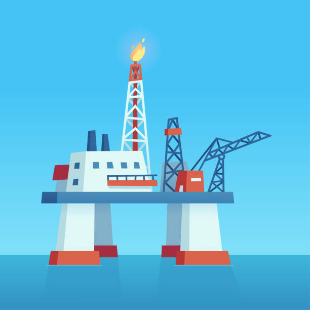 illustrazioni stock, clip art, cartoni animati e icone di tendenza di piattaforma petrolifera di perforazione offshore - oil rig oil industry sea oil
