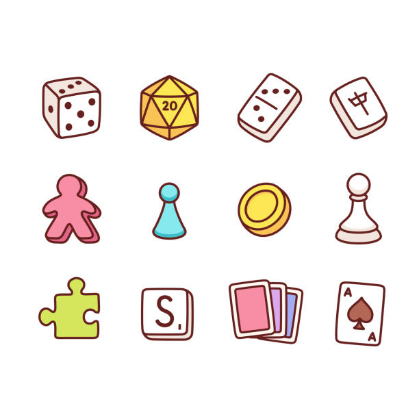 Board game icons Board game icons in hand drawn cartoon style. Dice and play pieces, markers and cards. Vector clip art illustration. backgammon stock illustrations