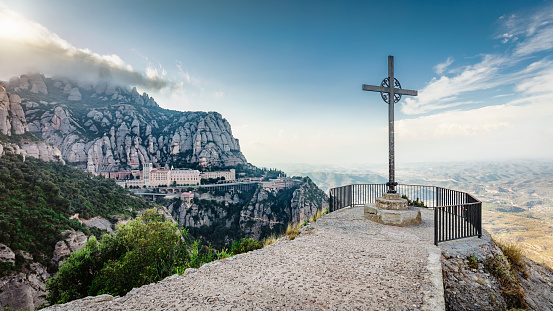 Panorama Christian Cross View Montserrat Monastery Catalonia Spain