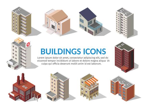 ilustrații de stoc cu big set scăzut poli vectori de ilustrare izometrică fațadele orașului casa strada, fabrica, cafenea, școală, spital, benzinarie, banca. - apartament