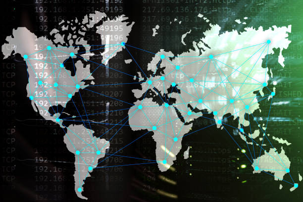istock Internet and telecommunication concept with world map on server room background. 1086022630