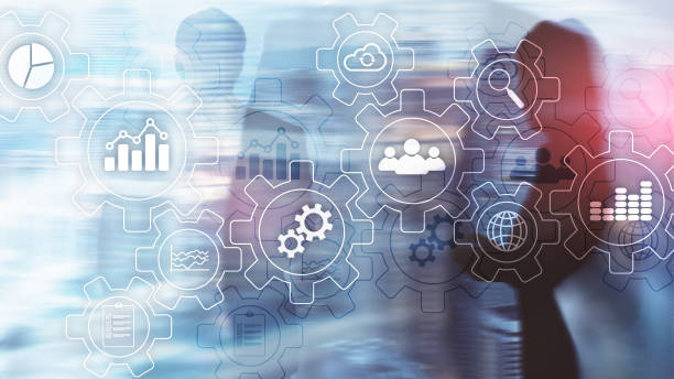 istock Business process abstract diagram with gears and icons. Workflow and automation technology concept. 1086024902