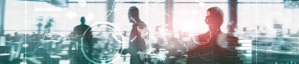 istock Business digital interface with graphs, charts, icons and timeline on blurred background. Website header banner. 1086026712