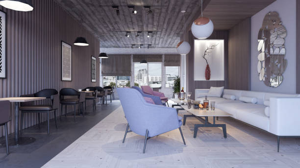 istock Modern concept design of restaurant lounge bar 3d render 1086026832