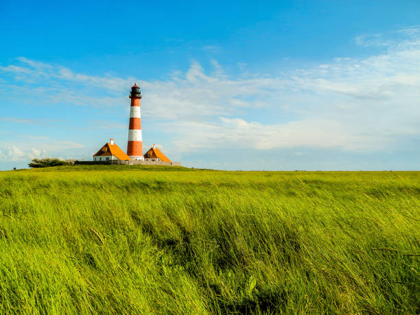 panorama salt marshes with lighthouse westerhever - schleswig imagens e fotografias de stock