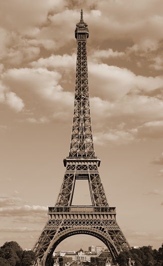 Eiffel Tower in Paris with sepia toned effect in vertical mode