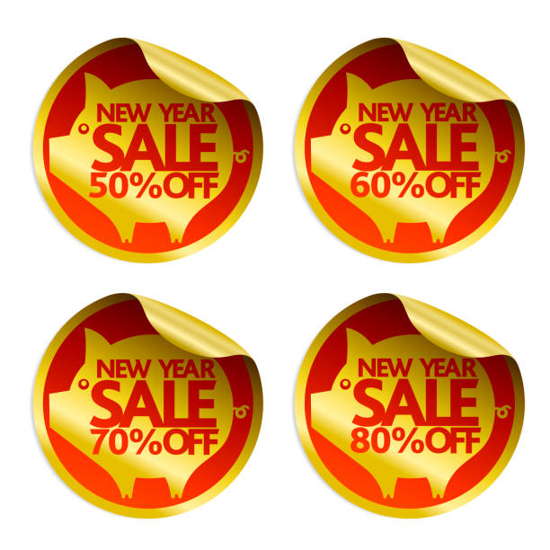 ilustrações de stock, clip art, desenhos animados e ícones de new year sale gold stickers 50,60,70,80 with pig - 60 70 year old