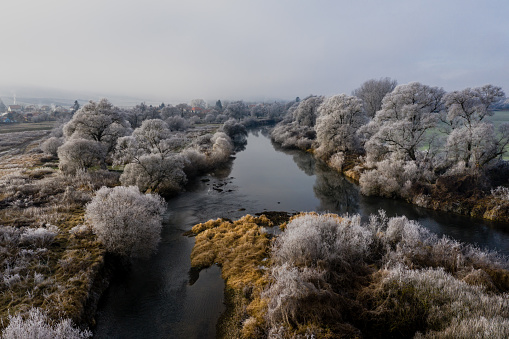 river, drone view, winter, nature