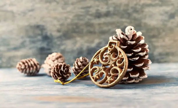 Christmas decoration. Christmas time. Rustic wooden background. Copy space.