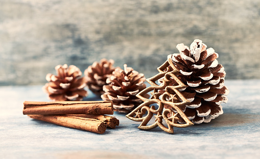 Christmas decoration. Christmas tree. Christmas time. Rustic wooden background. Copy space.