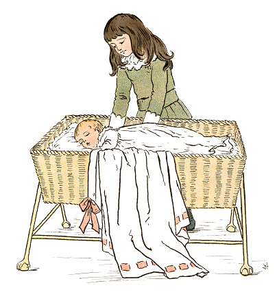 A young Victorian girl tucking her baby sibling into a wicker crib. From “Wee Babies - Printed in Colour from Original Designs by Ida Waugh”. Published in London by Griffith & Farran and New York by E.P. Dutton & Co in 1882.